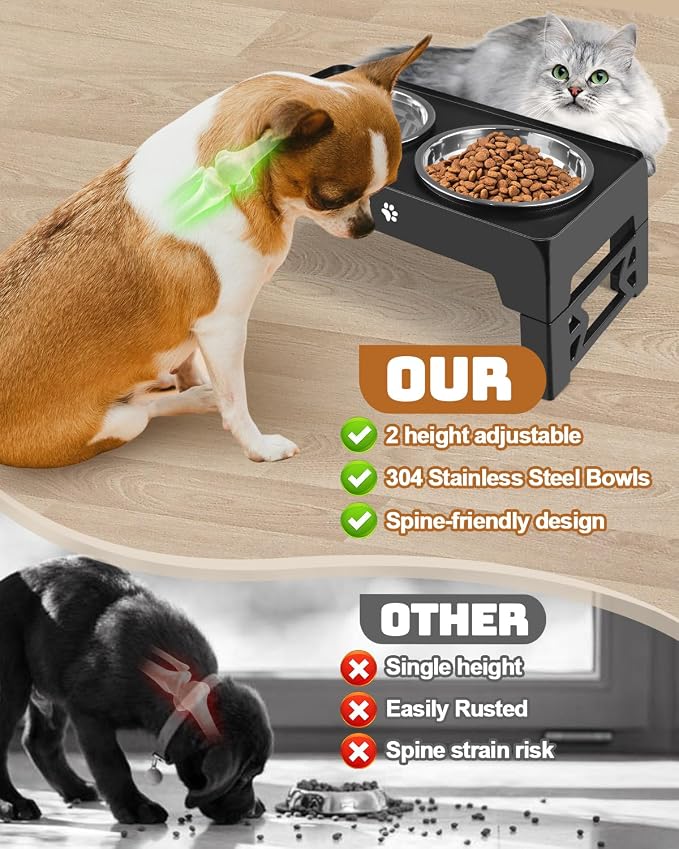 Jovrun Elevated Dog Bowls for Small Dogs and Cats, Non-Slip Cat Bowls with 2 Thick 5.5" Stainless Steel Dishes, Dog Feeder 2 Heights Adjustable to 2.6"-5.3"