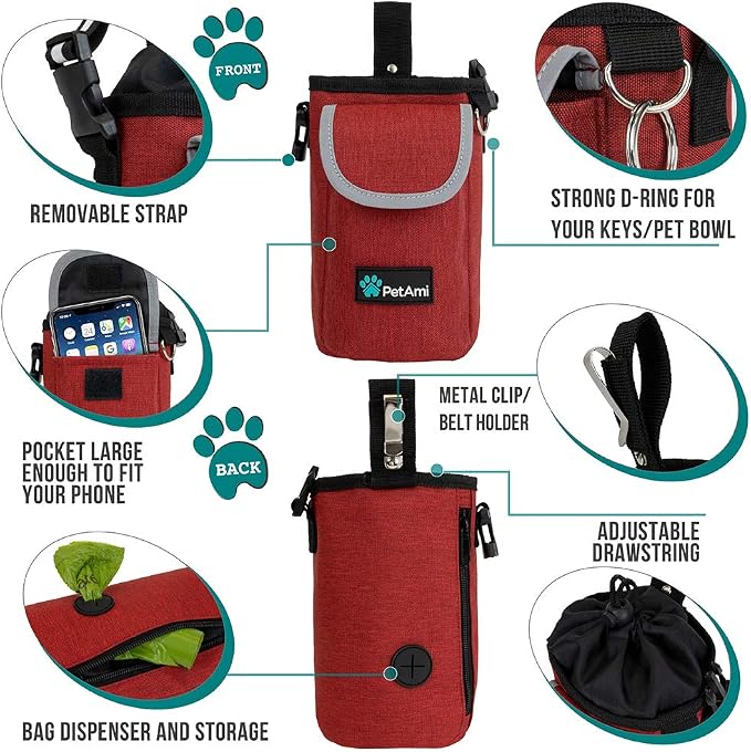PetAmi Dog Treat Pouch, Large Hands-Free Training Bag, Red | Built-In Poop Bag Dispenser, Holds 3 Cups Of Treats, 4 Ways to Wear, D-Ring, Reflective Strap, Dog Treat Bag for Walking