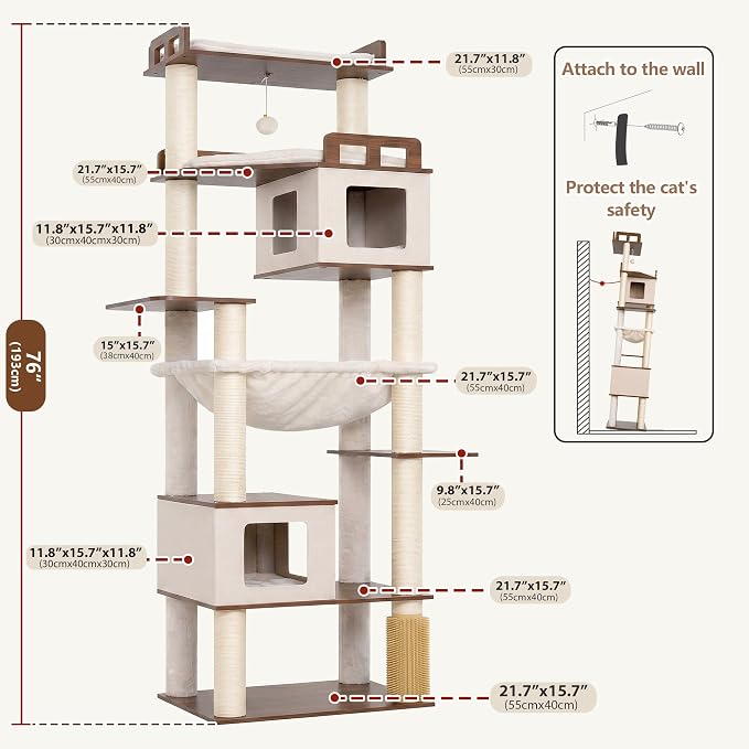 Cat Tree, Wooden Multi-Level Tower for Large Audlt Cats GCT104EB | 76" Cat House Furniture with Big Hammock, 2 Condos，Wood Platforms with Safety Railing, Sisal Scratching Posts, Earth brown