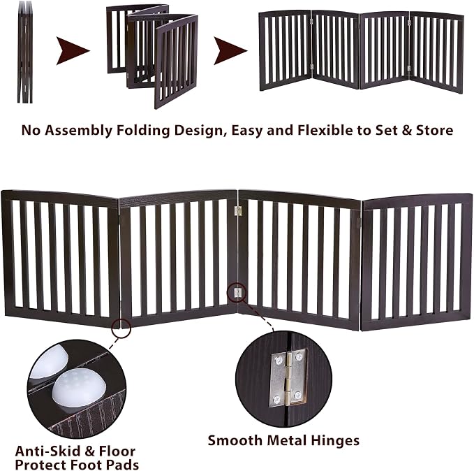 Extra Wide Dog Gate 24 Inch High Freestanding Indoor Pet Door for House Doorways Stairs Halls, Foldable Wood Outdoor Safety Fence 4 Panels, Coffee