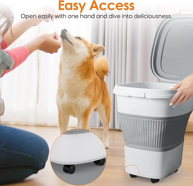 28-30lbs Collapsible Dog Food Storage Container,Airtight Dog Food Container | Pet Food Storage Container with Double Seal Lid,Wheels,Multifunctional for Dog,Cat,Rice,Flour,Scoop &Small Container