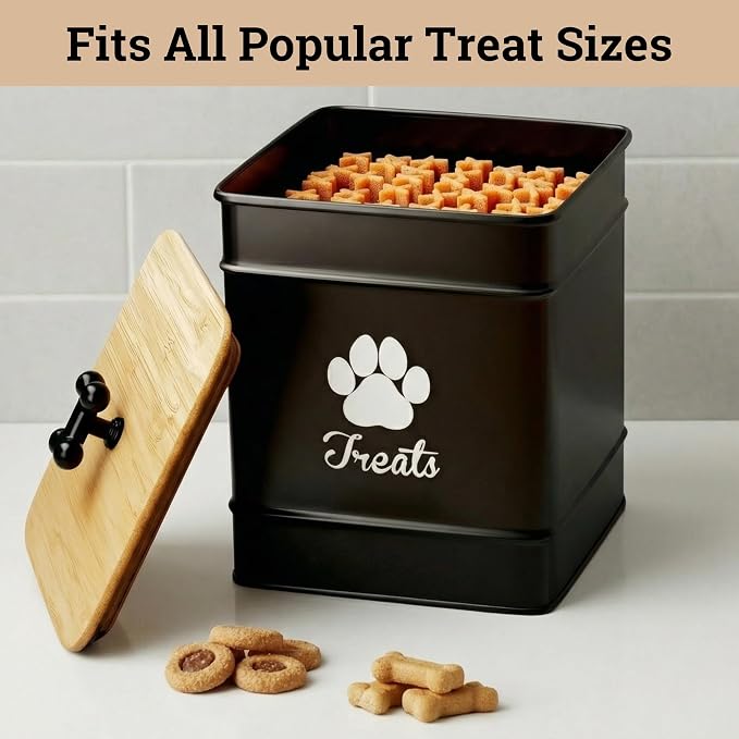 Dog Treat Container Airtight - 6 Inch Wide x 8 Inch Tall Iron Dog Treat Jar for Kitchen Counter with Airtight Bamboo Lid - 12 Cup Capacity Pet Treat Container - Doggie Cookie Jar - Big Treats Canister
