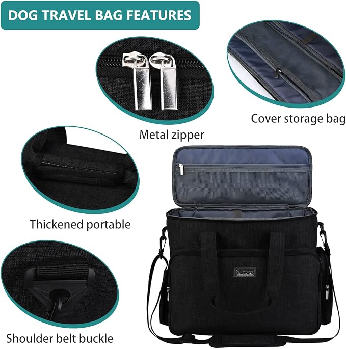 BAGLHER Dog Travel Bag, Airline Approved Pet Tote Organizer with Multi-Function Pockets, 2 X Food Storage Containers and 2 X Collapsible Bowls, Perfect Weekend Pet Travel Set for Dog, Cat Black
