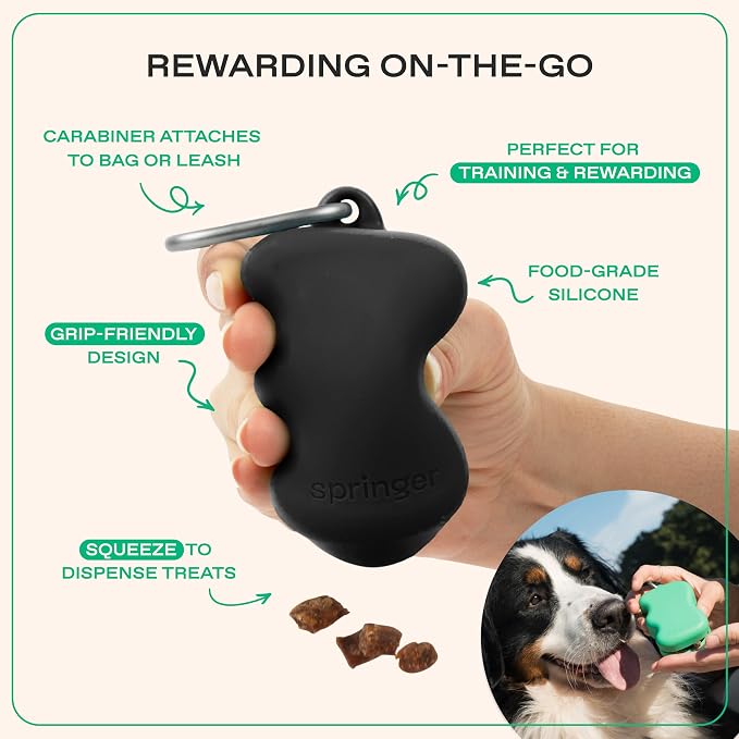 Springland Silicone Dog Training Treat Pouch for Leash, Black | One-hand squeeze dispenser, food-grade silicone, BPA-free, carabiner included, easy-fill holder for rewards on the go