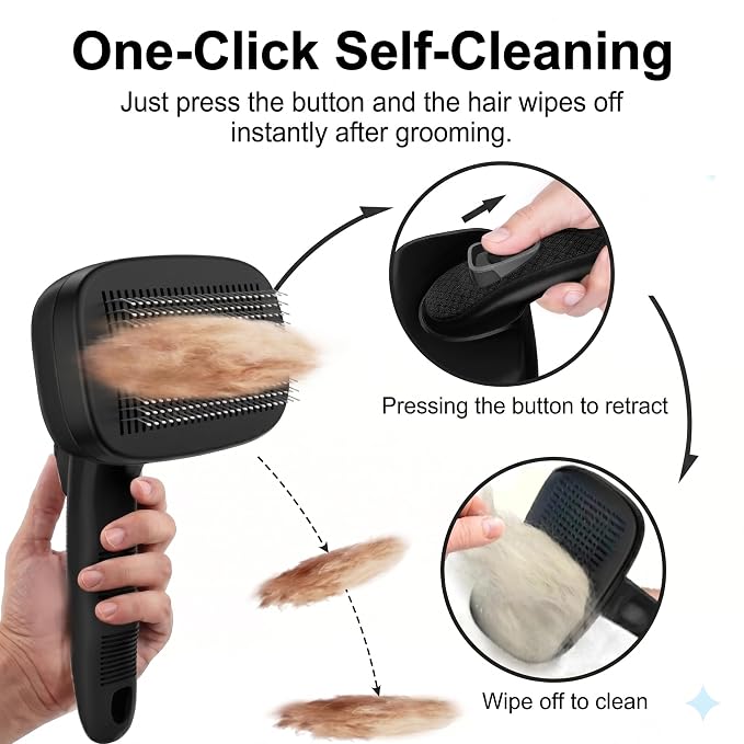 Self Cleaning Slicker Brush for Dog and Cat Shedding, Black | Skin Friendly Deshedding Brush for Short or Long Haired Dogs & Cats, One-Click Retractable for Easy Cleaning Flying Hair