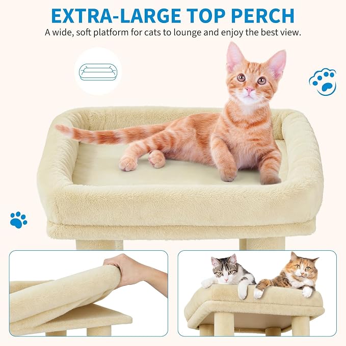 61" Large Cat Tree Tower for Indoor Cats, Heavy-Duty Multi-Level Cat Condo for Maine Coon & Big Cats with Extra-Large Perch, 2 Spacious Houses, Sisal Scratching Posts & Hanging Toys - Beige