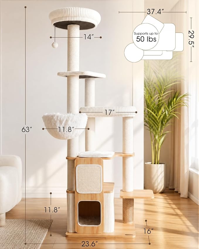 63" Wooden Cat Tree, Modern Cat Tower, Self-Grooming Brush,Natural | Heavy Duty Cat Tree, Cats Furniture, for Large Cats up to 15 lbs, Climbing Post, Plush Top Perch, Stable Base, Cozy Cat Condo