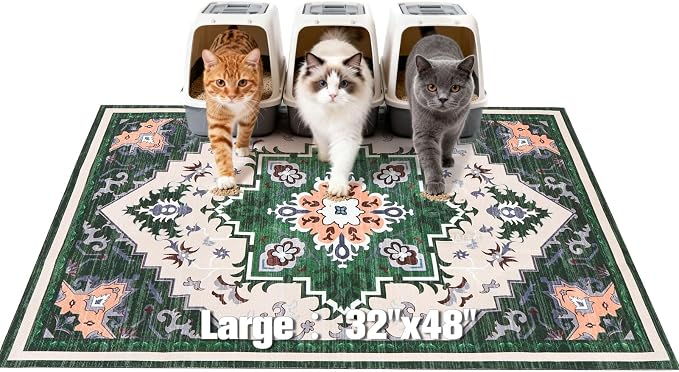 EXPAWLORER Cat Litter Mat, 32”x48” XL Non-Slip Urine Waterproof Litter Trapping Mat Easy to Clean Washable Litter Box Mat for Floor Soft on Kitty Paws, Indoor Food Mats Rug Pads for Bathroom Green