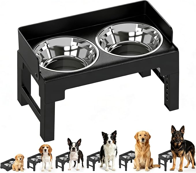 Elevated Dog Bowls for Medium and Large Dogs, Spill Proof Tiltable Dog Feeder with 2 Stainless Steel Bowls, 6 Height Adjustable Raised Dog Bowl Stand