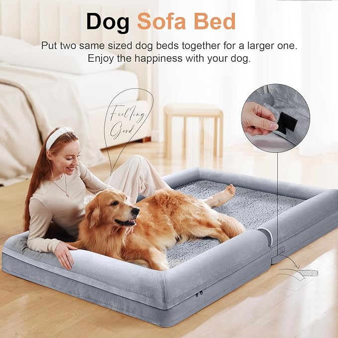 NANUYA Orthopedic Dog Bed for Large Dogs, 36 x 27 Inch, Light Grey | Egg crate foam for joint support, 3-sided bolster pet sofa, waterproof lining, washable cover, and non-skid base