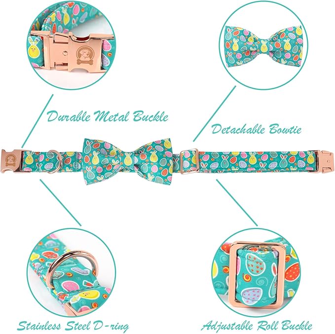 ·MR. CHUBBYFACE· Easter Dog Collar with Bowtie, Eater Bunny Eggs Dog Collars, Soft Durable Adjustable Easter Puppy Pet Collar for Small Medium Large Dog Collar