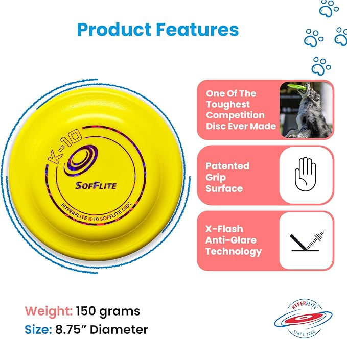 Hyperflite K-10 SofFlite Soft Dog Flying Disc, 2 Pack, Medium-Large | Ultra Soft, Competition Approved, 2 Pack | 8.75-inch, 150g | Medium & Large Dogs | Yellow