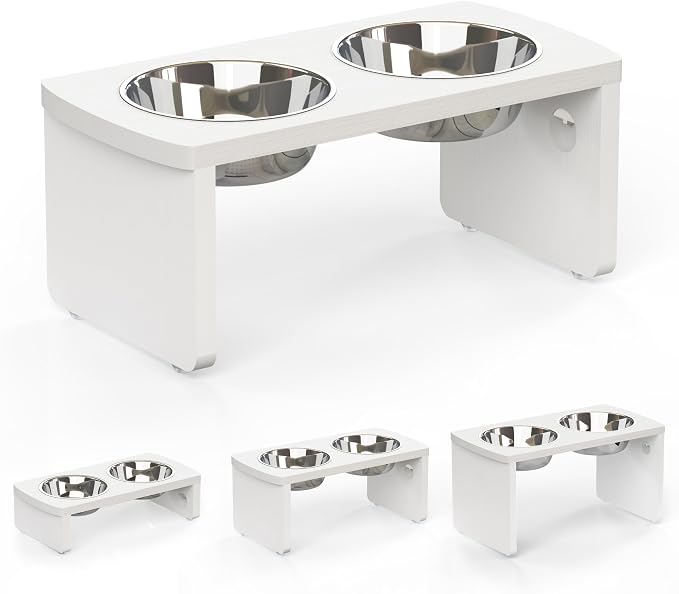 Elevated Dog Bowls, Waterproof Raised Dog Bowl for Medium Dogs, HIPS Poly Lumber Stand with 2 Stainless Steel Bowls, Indoor & Outdoor Use (7'' Tall-40 oz Bowl, White)