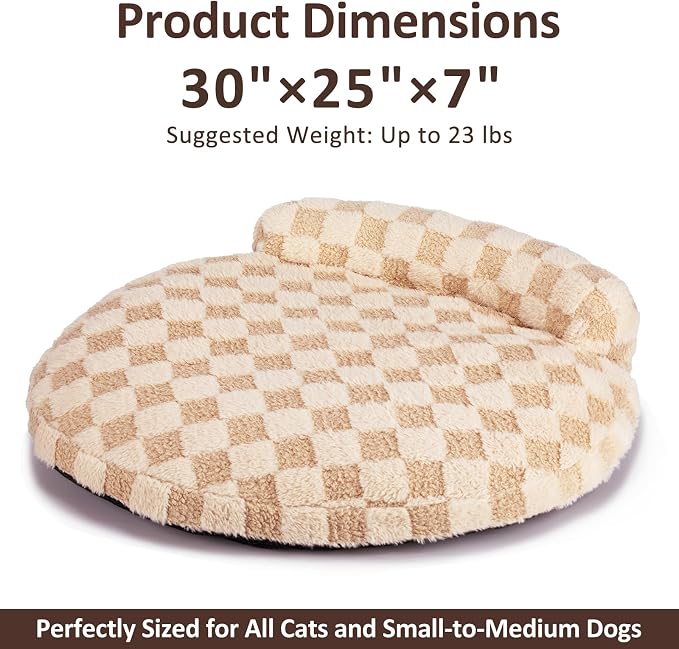 Orthopedic Dog Bed for Small Dogs and Cats Beige Oval 30x25x7 | Calming Pillow Pet Couch Sofa, Removable Washable Cover, Oval 3D Checkered Plush, Indoor