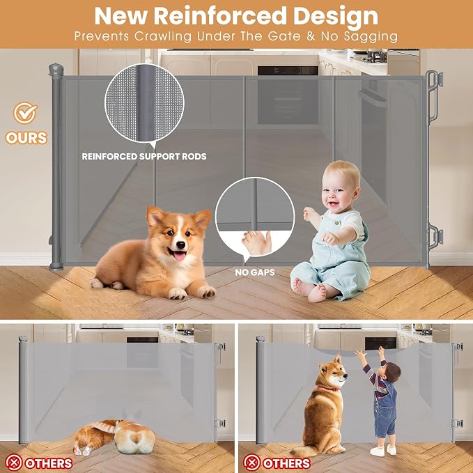 SPACEANY Reinforced Retractable Baby Gate, Mesh Dog Gate, Child Safety Gate for Doorways, Stairs, Hallways, Indoor/Outdoor, Wide Openings -33.5" Tall, Width up to 55" Gray
