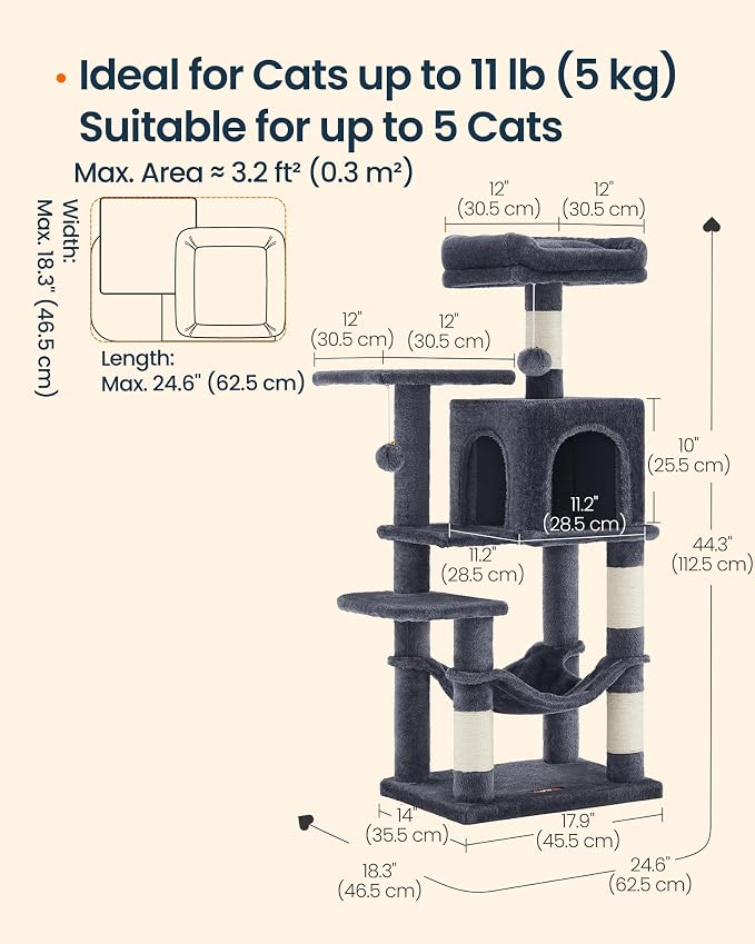 SONGMICS HOME Cat Tree for Indoor Cats, Multi-Level Tower Condo with Sisal Scratching Posts, Hammock and Condo, Dark Gray