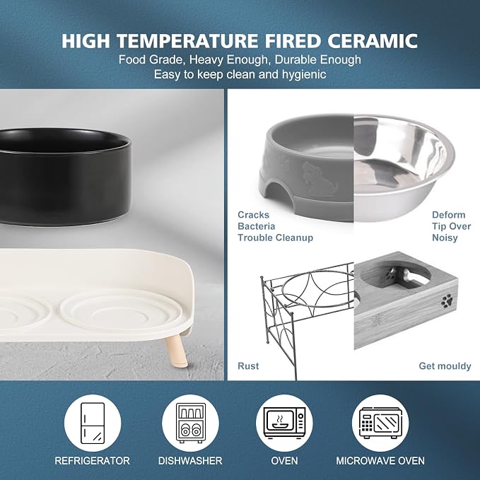 Elevated Ceramic Dog Bowl Set - Double Dog Feeding Bowls with Stand Splash Proof - Raised Dishes for Food and Water - Ideal for Small to Medium Dogs - 2 x 720 ml - 11.3 oz - Black