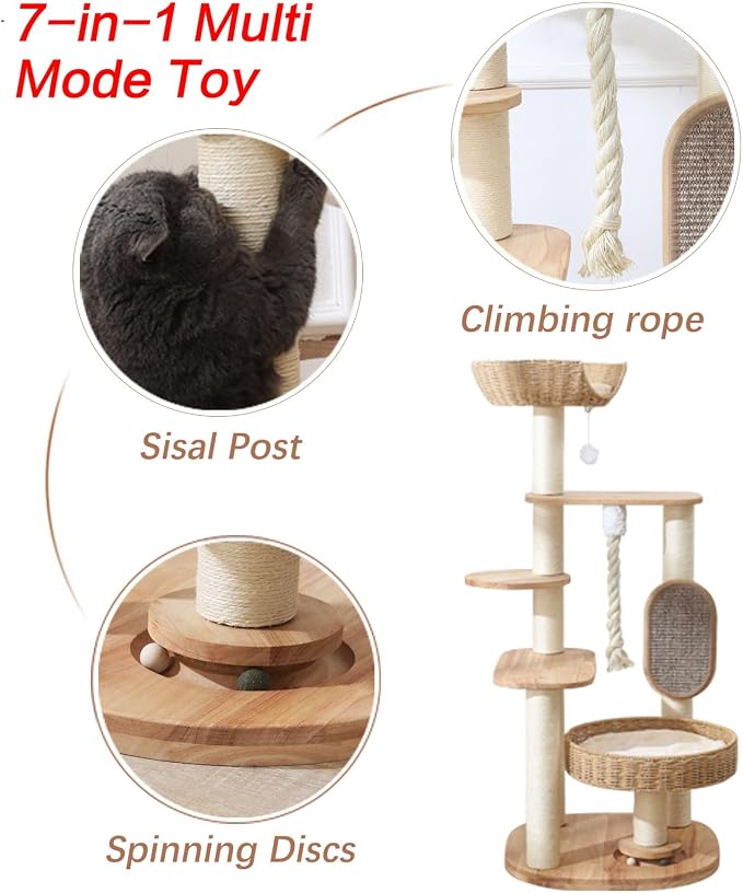 49.6in Solid Wood Cat Tree for Large Cat, Modern Tall Cat Tower | Multi-Level Cat Condo, Cute Aesthetic Design, with Scratching Post, with Hand-Woven Cat Bed, for Indoor Cats, Easy to Clean
