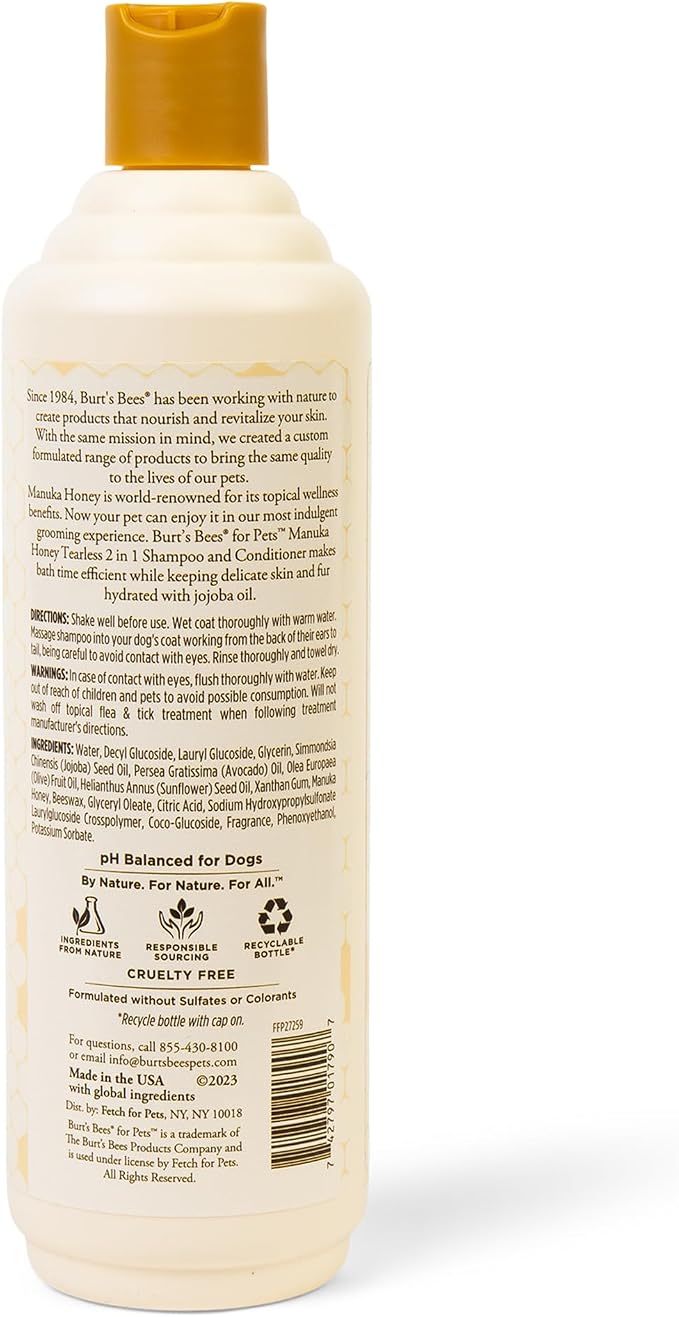 Burts Bees for Pets Manuka Honey 2-in-1 Shampoo and Conditioner, 16 Fl Oz | Jojoba oil formula, 2-in-1 shampoo and conditioner, 95% natural origin, sulfate-free