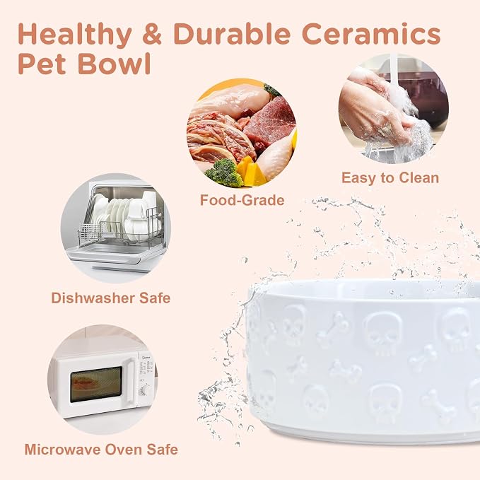 SPUNKYJUNKY Elevated Dog Bowls Ceramic, 7.3'' Dogs Food Water Bowls Raised with Non-Slip Bamboo Stand for Medium to Large Sized Breed Microwave Dishwasher Safe - 42 OZ,Skull White