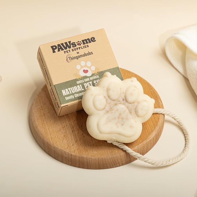 Natural Pet Shampoo Bar - Gentle Care Oatmeal for Sensitive Skin, 3.88 oz Paw Print Soap with Rope - Pet Wash Bar - Hypoallergenic, Dye-Free, Fragrance-Free, Chemical-Free, & Eco-Conscious