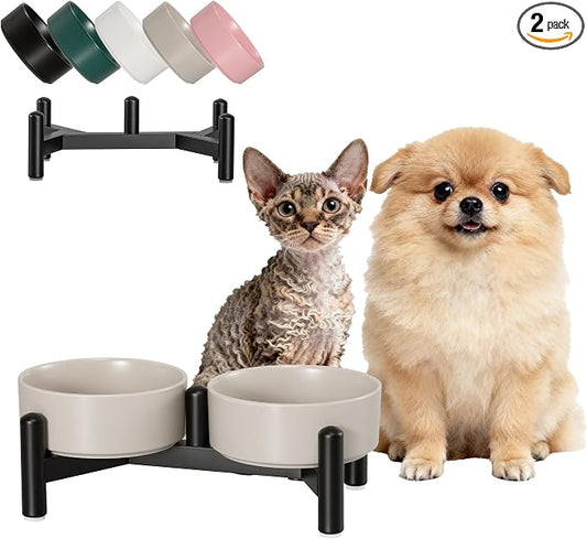 Raised Ceramic Dog Bowl Set - Elevated Double Dishes with Stainless Steel Stand - Food and Water Bowls for Small Dogs and Indoor Cats - Each Holds 1.6 Cups (10.8 fl oz) - Grey
