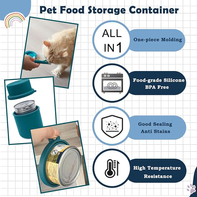 Original Canned Dog Food Storage Container | Wet Food Can Opener Spoon | Silicone Pet Can Lid | BPA Free, Airtight, Dishwasher & Freezer Safe(Dark Blue)