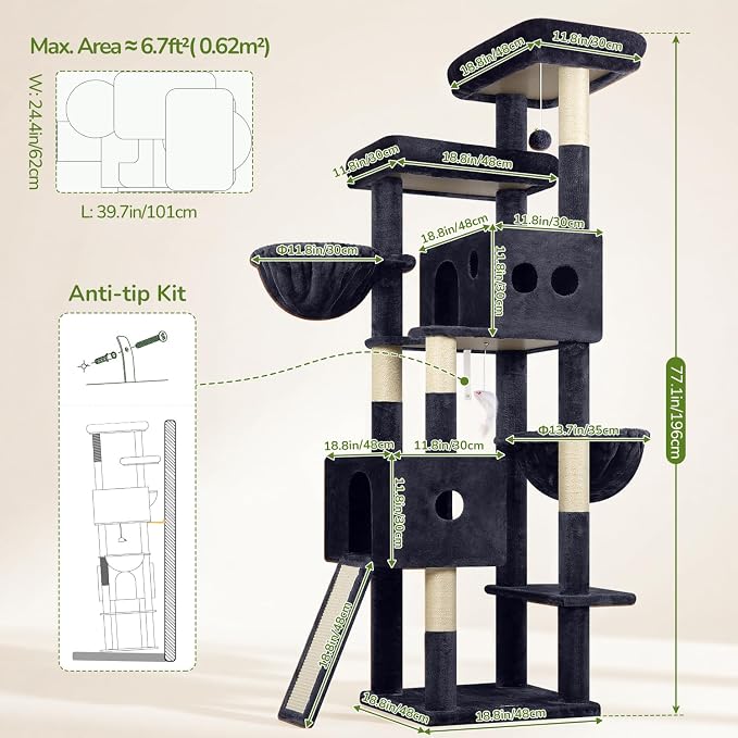 Globlazer Tall Cat Tower Extra Large Cat Tree House, S77D, Dark Grey | 77 inch Cat Climbing Tower for Indoor Cats Large Adults with 5 Scratching Posts, 2 Cat Condos, 2 Platforms