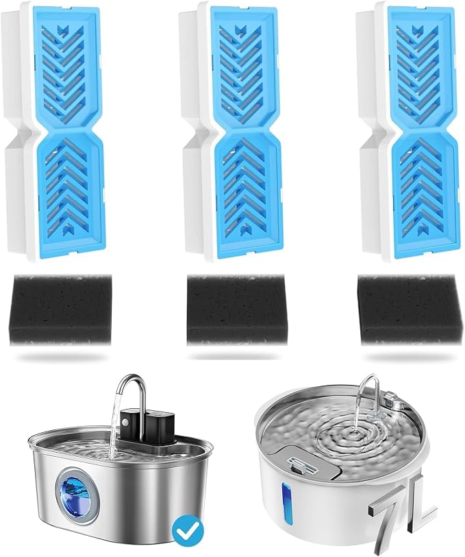 PEKTACO Replacement Water Fountain Filters, Fits 412/418, 3.2L & 7L, 3 Pack | Includes pre-filter sponges, helps trap hair and debris, supports cleaner water flow and routine fountain maintenance