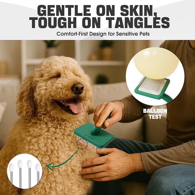 Bonteck Dog Slicker Brush for Dogs Grooming Kit 5PCS | Large Dog Brush for Goldendoodles Poodles Doodles | Long Pin Haired Brush | Poodle Brushes and Comb (Green)