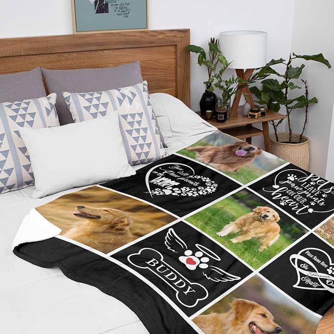 InterestPrint Custom Memorial Blanket for Dog, Pet Leave Pawprints on Our Heart Blanket Customized Loss of Pet Dog Photo Fleece Throw Blankets Warm Bereavement Gift for Dog Mom 50X60 Inch
