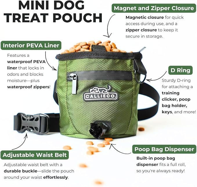 Callieco Mini Dog Treat Pouch with Magnetic & Zipper Closure | Small Waist Belt Training Behavior Aid Bag for Dog Walking with Poop Bag Dispenser (Green)