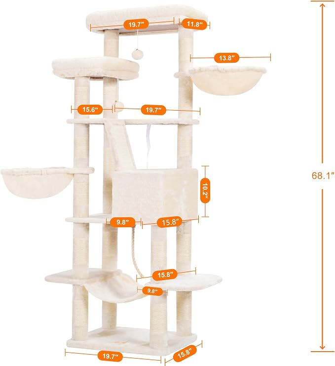 Heybly Cat Tree, 68 inch Multi-Level Cat Tower for Indoor Cats HCT025M | Cat Condo with 2 Widened Plush Perches, 2 Cozy Baskets, Scratching Board and Big Caves, Beige