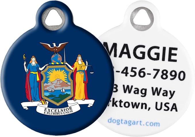 New York State Flag Personalized Pet ID Tag for Dogs and Cats, Silent Polymer Coated Stainless Steel New York Nametag - Small .875 Diameter