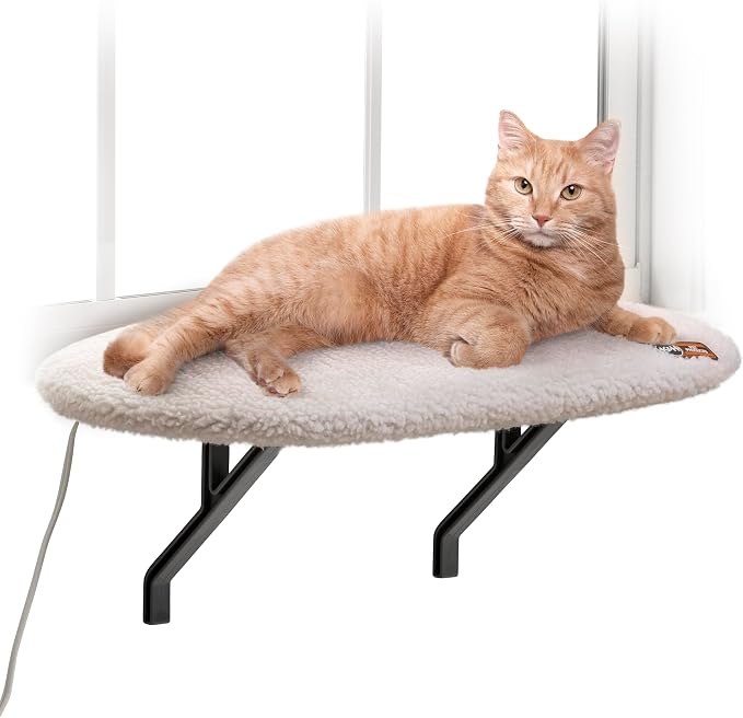 K&H Cat Window Perch, Heated Kitty Sill, Safety Listed, 24x14in, Fleece | Orthopedic Cat Window Hammock Bed Holds 40LBS, Washable Cover, Heated Kitty Windowsill Bed Seat for Indoors, Cream Fleece