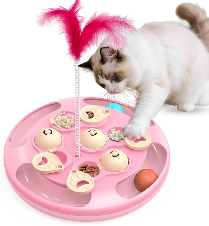 3 in 1 Cat Treat Puzzle Feeder, Level 3 Interactive Cat Puzzle Toy with Track Balls, Feather Teaser & Slow Feeder Insert, Non-Slip Base, Mental Stimulation for Bored Indoor Cats, Pink