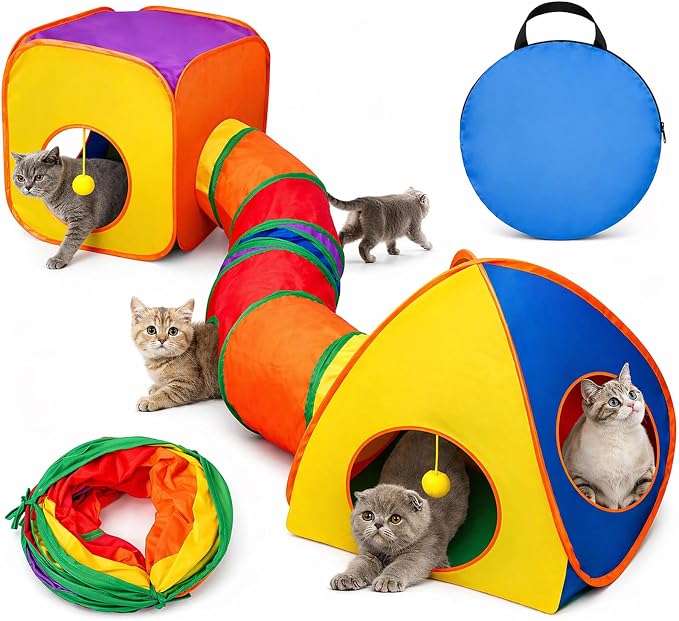 Rypet Cat Tunnels for Indoor Cats with Cube Tent Toys Combo Pop Up Collapsible Crinkle Interactive Peek Hole Cat Tube with Play Ball and Bell for Kitten, Puppy, Kitty, Rabbit