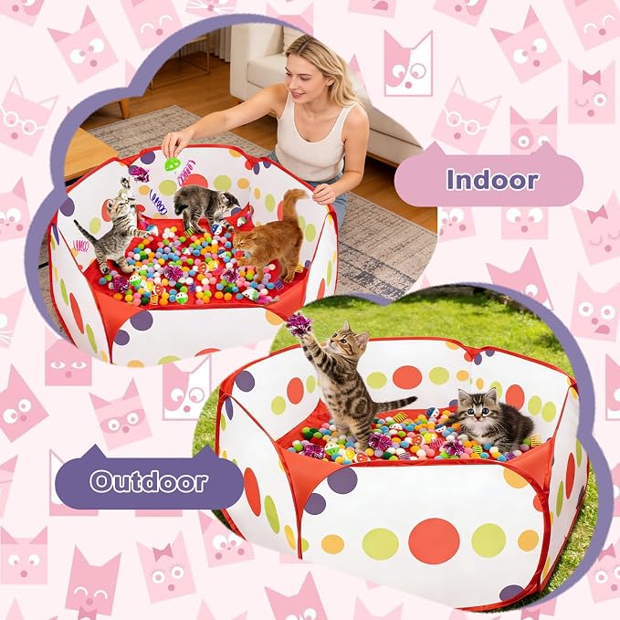 Cat Ball Pit with Balls for Cats, 176 Pcs Interactive Cat Toys for Bored Indoor Cats Self Play Cat Enrichment Toys for Fun and Exercise, Pom Pom Balls Jingle and Crinkle Ball, Springs and Mice toy