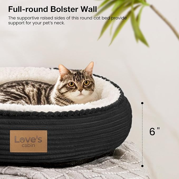 Love's cabin Round Donut Cat and Dog Cushion Bed, 20in Pet Bed for Cats or Small Dogs, Anti-Slip & Water-Resistant Bottom, Super Soft Durable Fabric Pet beds, Washable Luxury Bed Black Stripe
