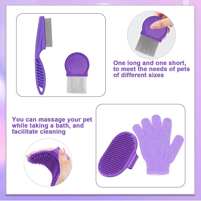 VCZONE 8 Pcs Small Animal Grooming Kit, Rabbit Grooming Kit with Pet Nail Clipper and File, Flea Comb, Pet Shampoo Bath Brush, Pet Shedding Slicker Brush, Bath Massage Glove, Cleaning Comb (Purple)