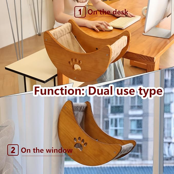 Cat Window Perch Hammock Bed with Strong Suction Cups, Space-Saving Window Cat Bed for Indoor Cats, Multi-Use Moon Shelf for Desk or Window