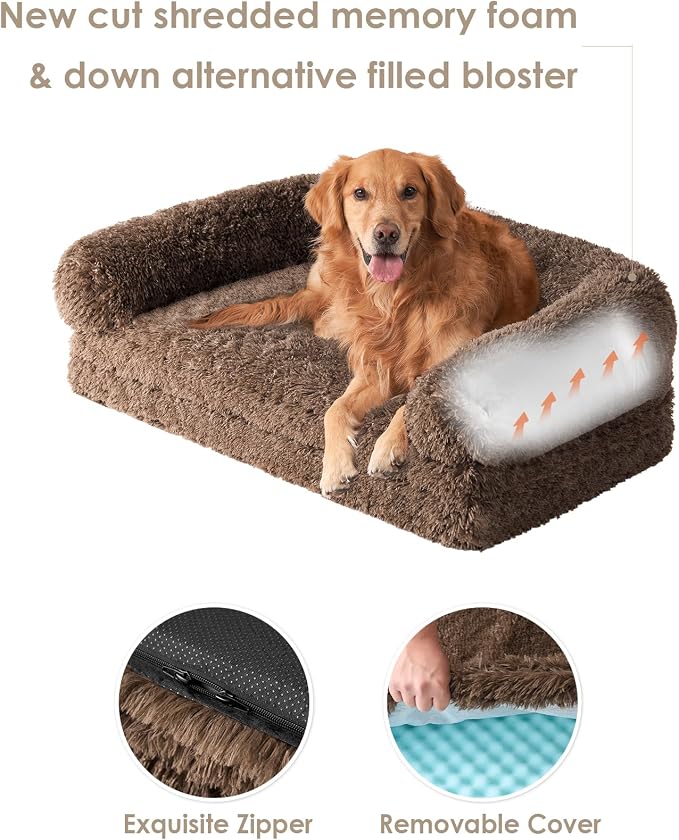 EHEYCIGA Foldable XXL Dog Bed for Large Sized Dog, 54"x38"x7.5" Faux Fur Fluffy Pet Couch Bed, Orthopedic Calming Memory Foam Big Pet Bed, Washable Pet Sofa Bed with Non-Slip Bottom, Brown