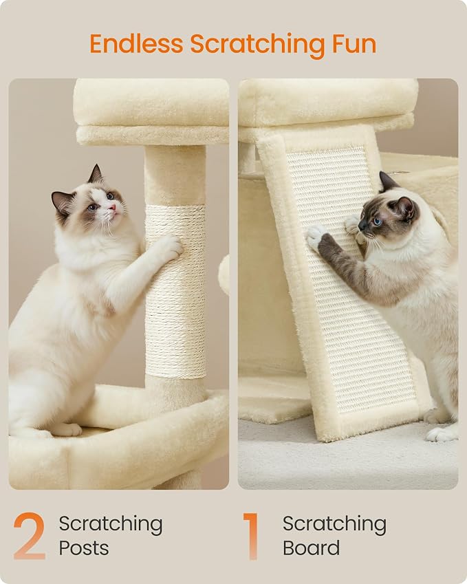 Feandrea Cat Tree, Cat Tower Condo with Scratching Posts and Ramp, 2 Large Perches, Cave, Basket, 33.8 Inches Tall, Summer Sand UPCT013LF02S