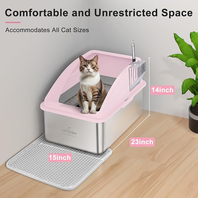 Stainless Steel Litter Box | XXL Deepened 8" Design Enclosed Box with Lid for Big Cats | High Sided, Anti-Urine Leakage | Non-Stick Bottom & Includes Litter Mat & Metal Scoop(Cute Pink)