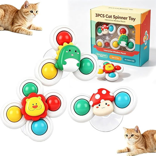 3PCS Cat Suction Cup Spinner Toy Window Perch Interactive Play for Indoor | Strong Suction Base Attaches to Smooth Glass or Tile While Spinning Design Keeps Indoor Cats Engaged (Set-A)