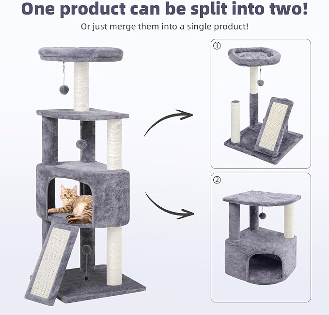 HUITREE 45in Cat Tree Tower with Big Condo for Indoor Kitten,Cat Tower with Scratching Post,Scratching Board and Cat Toys,Multi-Level,Small Space,Transformer Cat Tree, Grey(New)
