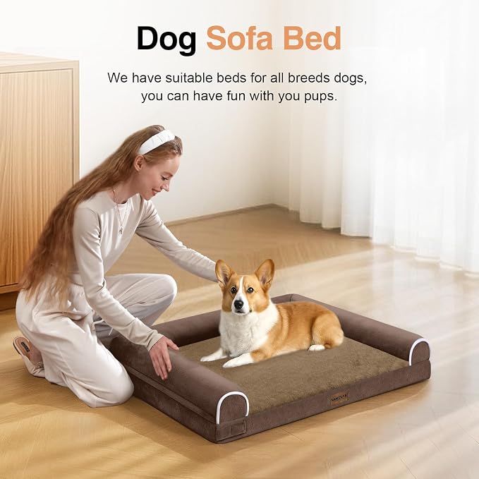 NANUYA Orthopedic Dog Bed for Medium Dogs, 30 x 20 Inch, Brown | Egg crate foam for joint support, 3-sided bolster pet sofa, waterproof lining, washable cover, and non-skid base