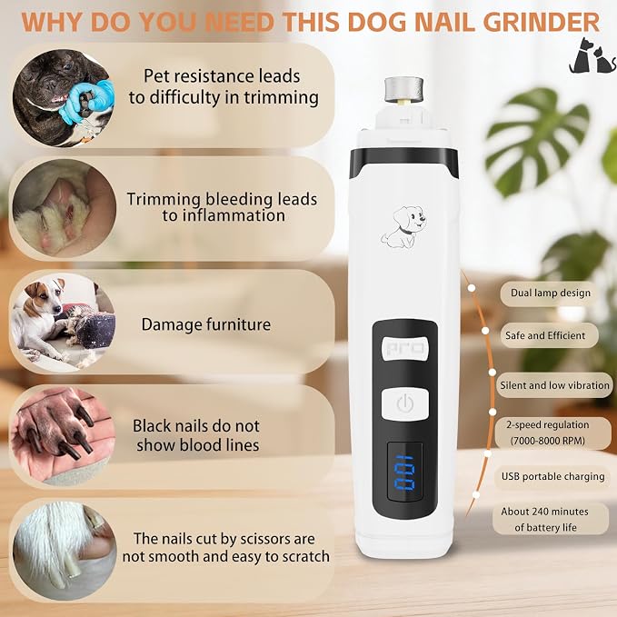 silent paws Dog Nail Grinder, 2-Speed Quiet Dog Nail Trimmer with Light | LCD Screen with Visible Battery Level，Pet Pro Grooming Tool for Small to Large Dogs & Cats