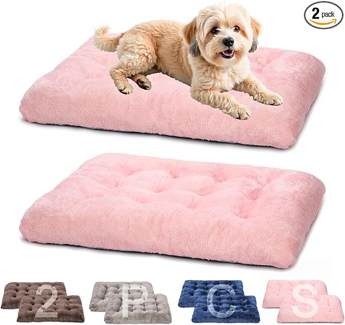 POMIU 2-Pack Dog Bed, Washable Deluxe Plush Crate Beds with Anti-Slip | Machine Washable Kennel Pad Sleeping Mat for Large, Medium and Small Dogs