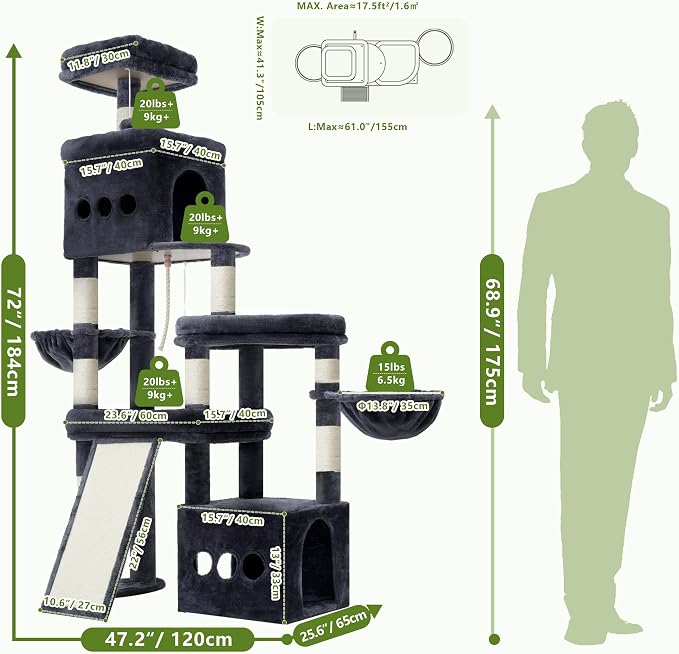 Heybly Cat Tree 72.4-Inch Anti-Tip Cat Tower with Spacious Perches HCT060G | All-in-One Cat Furniture for Large Cats, Multiple Interactive Areas, Extra-Large Sisal Scratching Board, Smoky Gray